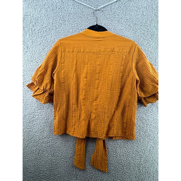 Zara Rust Textured Button-Up Blouse With Tie Neck & Ruffled Sleeves Size Medium - Picture 3 of 7